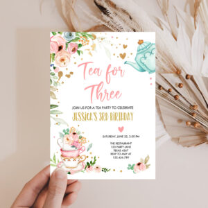 2 Editable Tea for Three Birthday Invitation Girl Tea Party Invite Pink Gold Floral 3rd Birthday Par tea Download Printable Corjl 0349 1