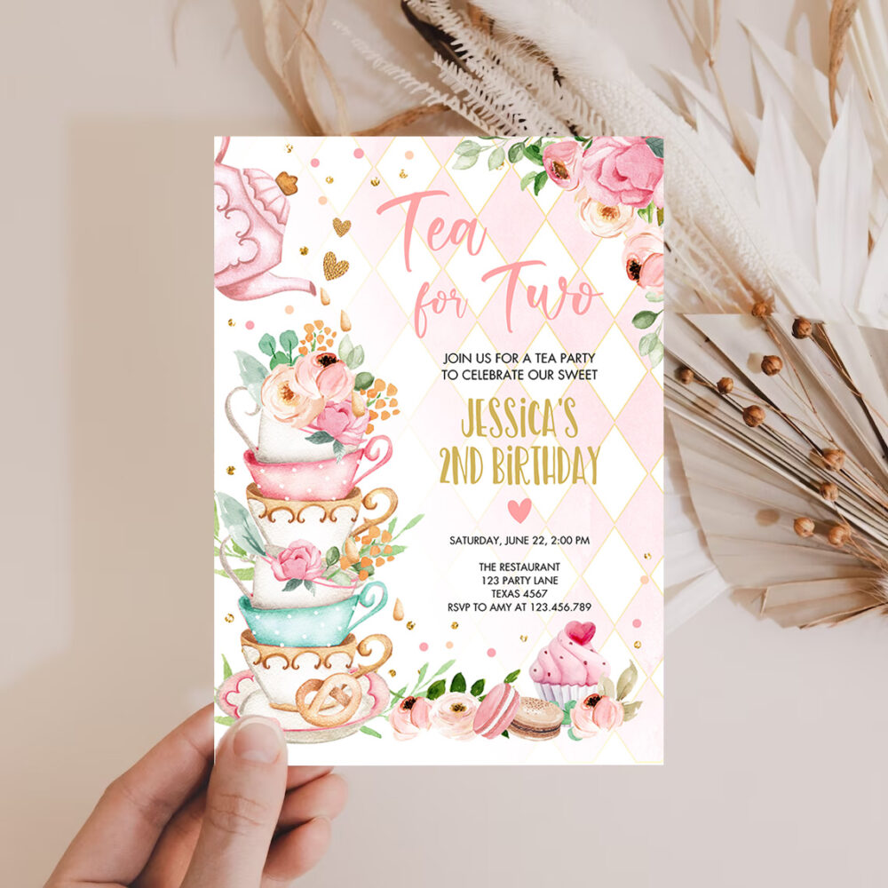 2 Editable Tea for Two Birthday Invitation Girl Tea Party Invite Pink Gold Floral Peach Pink Download Printable Template Corjl Digital 0349 1