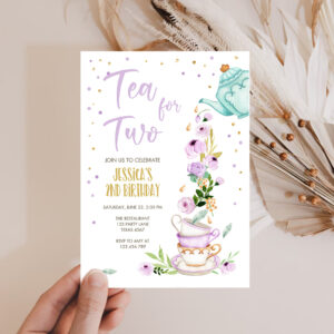 2 Editable Tea for Two Birthday Invitation Girl Tea Party Invite Pink Purple Floral Whimsical Download Printable Template Corjl Digital 0349 1