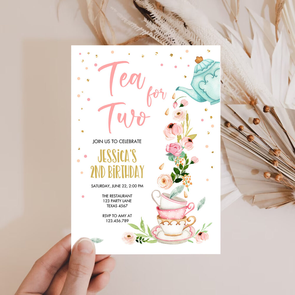 2 Editable Tea for Two Party Invitation Girl Tea Party Invite Pink Gold Floral Peach Pink Download Printable Template Corjl Digital 0349 1