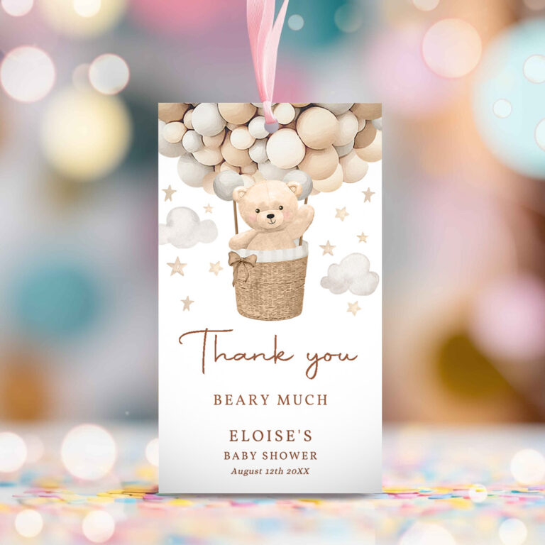 2 Editable Teddy Bear Hot Air Balloon Baby Shower Favor Tags Gender Neutral Teddy Bear Baby Shower We Can Bearly Wait Instant Download 6H 1