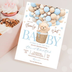 2 Editable Teddy Bear Hot Air Balloon Baby Shower Invitation Boy Blue Teddy Bear Baby Shower We Can Bearly Wait Shower Instant Download 4H 1