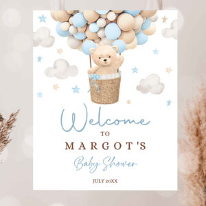 2 Editable Teddy Bear Hot Air Balloon Baby Shower Welcome Sign Boy Blue Teddy Bear Baby Shower We Can Bearly Wait Shower Instant Download 4H 1