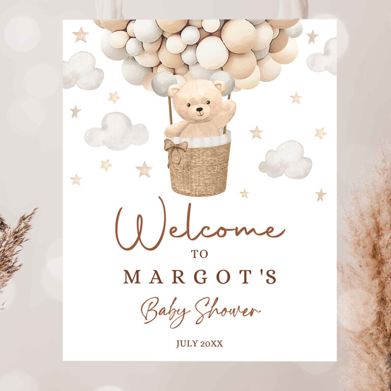 2 Editable Teddy Bear Hot Air Balloon Baby Shower Welcome Sign Gender Neutral Teddy Bear Baby Shower We Can Bearly Wait Instant Download 6H 1