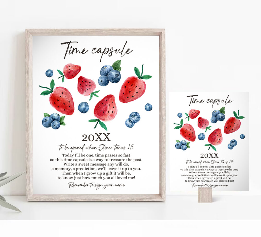 2 Editable Time Capsule Berry First Birthday Strawberry Blueberry Party Decorations Berry Sweet Party Girl Boy Template Printable Corjl 0399 1