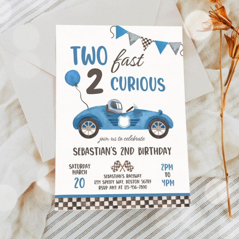 2 Editable Two Fast Birthday Invitation Blue Two Fast Boy Race Car 2nd Birthday Party Invite Two Fast 2 Curious Race Car Party 1
