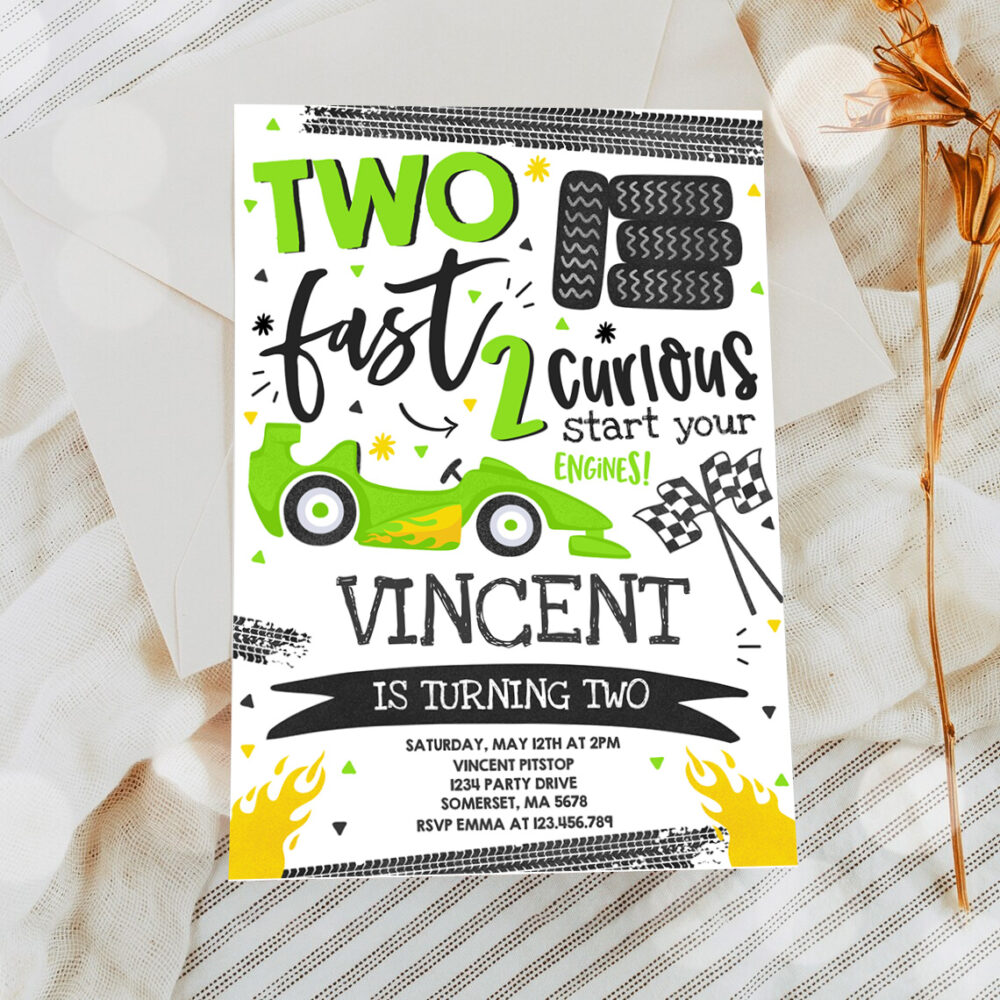 2 Editable Two Fast Birthday Invitation Green Two Fast Race Car 2nd Birthday Party Two Fast 2 Curious Green Race Car Party 1