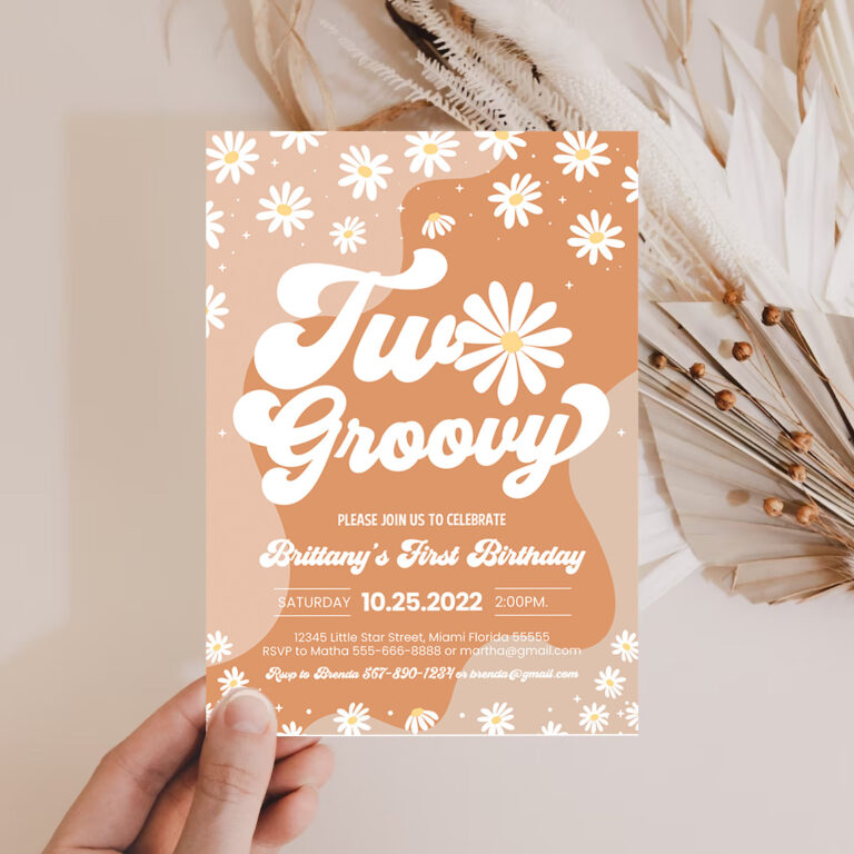 2 Editable Two Groovy 2nd Birthday Party Invitation Boho Retro Groovy Hippie Floral 70s Birthday Party Daisy Hippie Party 1