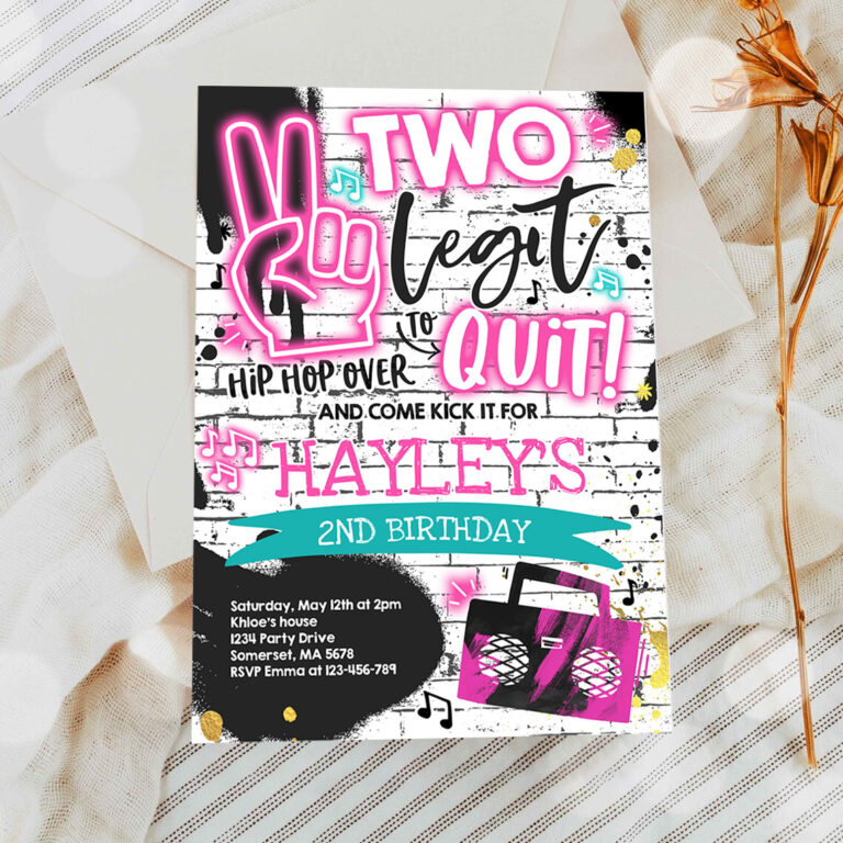 2 Editable Two Legit To Quit Birthday Party Invitation White Pink Two Legit To Quit 2nd Birthday Girl Pink Hip Hop 2nd Birthday Party 1