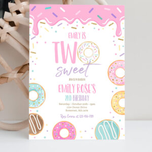 2 Editable Two Sweet Donut Birthday Party Invitation Pink Pastel Donut Two Sweet 2nd Birthday Donut 2nd Birthday Party 1