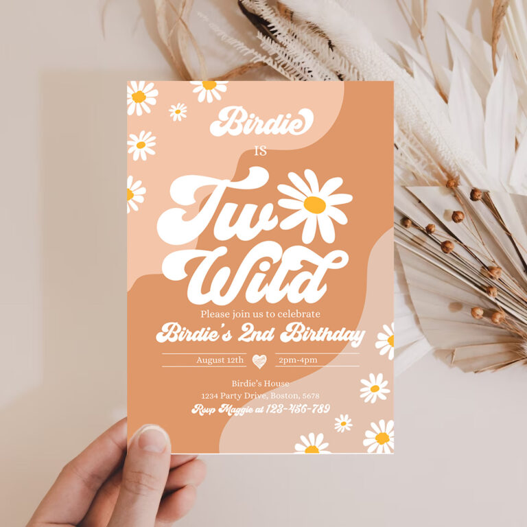2 Editable Two Wild 2nd Birthday Party Invitation Boho Daisy Two Wild Party Groovy Hippie Floral 70s Daisy Hippie Party 1