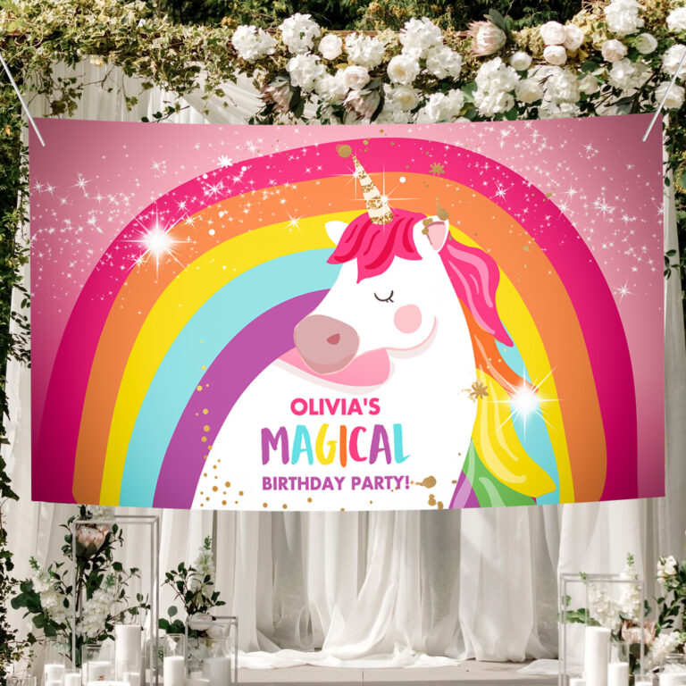 2 Editable Unicorn Backdrop Banner Pink Unicorn Birthday Girl Magical Unicorn Party Decorations Rainbow Download Corjl Template Printable 0323 1