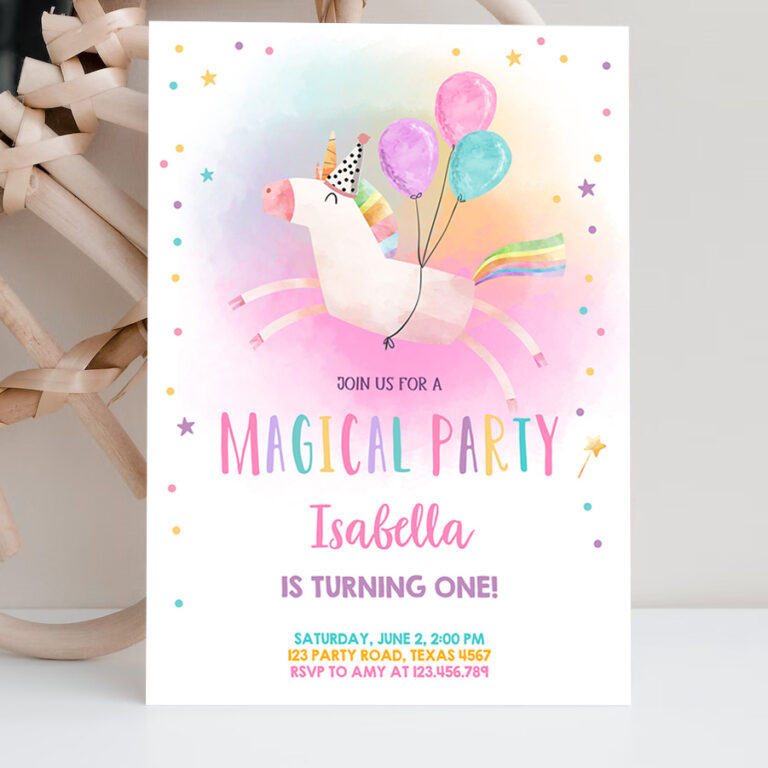 2 Editable Unicorn Birthday Invitation Magical Party Invite Girl Pink First Birthday Digital Invite Template Rainbow Download Corjl 0336 1