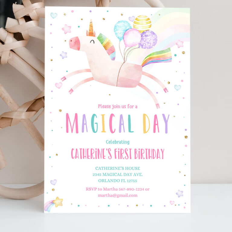 2 Editable Unicorn Birthday Invitation Magical Party Invite Girl Pink First Birthday Digital Invite Template Reainbow 1
