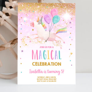 2 Editable Unicorn Birthday Invitation Magical Party Invite Girl Pink Gold Birthday Digital Invite Template Rainbow Download Corjl 0336 1