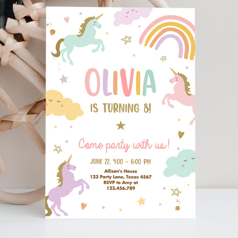 2 Editable Unicorn Birthday Invitation Magical Party Invite Girl Pink Pastel First Digital Unicorn Party Template Rainbow Download Corjl 0426 1