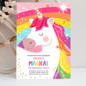 2 Editable Unicorn Birthday Invitation Magical Unicorn Party Girl Pink Gold Unicorn Invite Rainbow Printable 1