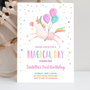 2 Editable Unicorn Birthday Invitations Magical Party Invite Girl Pink First Birthday Digital Invite Template Rainbow Download Corjl 0336 1