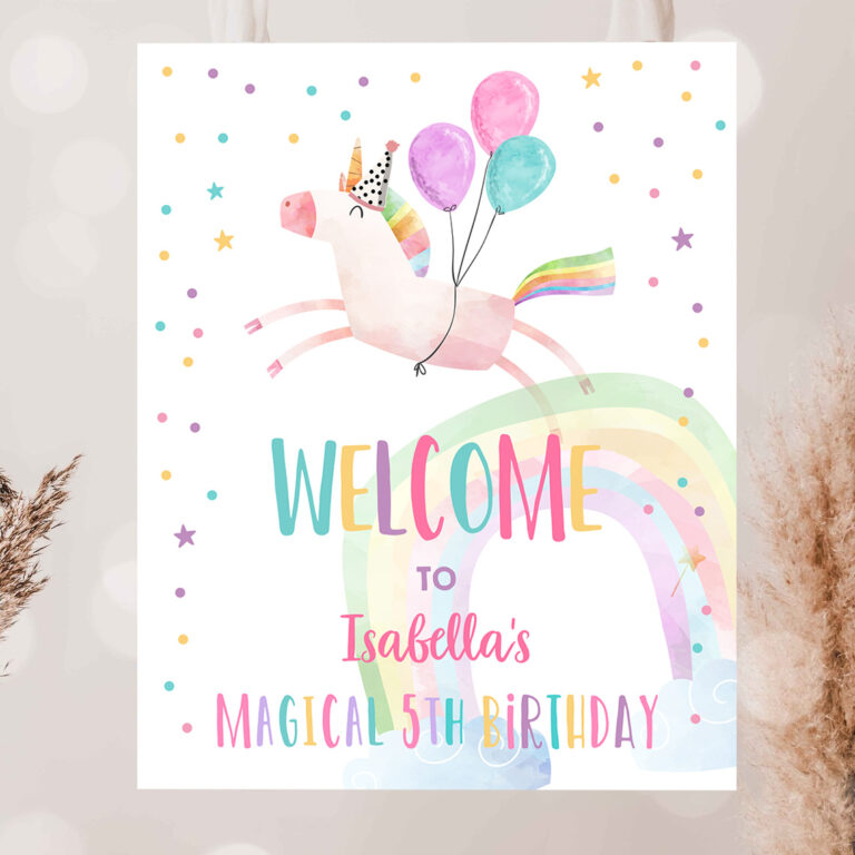 2 Editable Unicorn Welcome Sign Unicorn Birthday Door Sign Rainbow Girl Magical Party Sign Poster Pink First Template PRINTABLE Corjl 0336 1