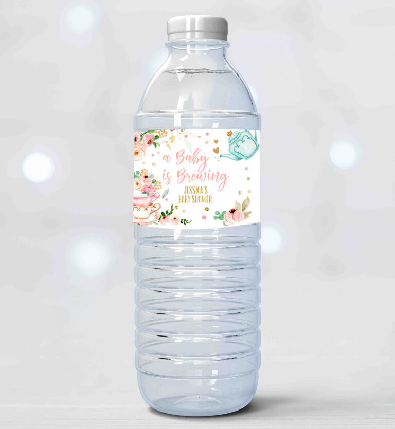 2 Editable Water Bottle Labels Tea Baby Shower Girl A Baby is Brewing Flowers Pink Gold Tea Shower Printable Bottle Labels Template Corjl 0349 1
