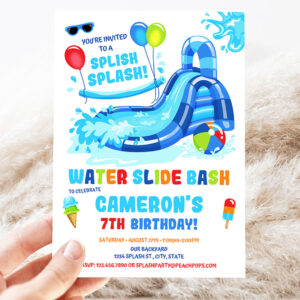 2 Editable Water Slide Birthday Splash Party Invitation Blue Waterslide Bash Boy or Girl Printable Invite 1