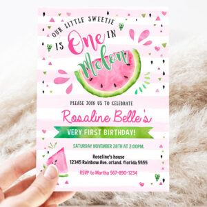 2 Editable Watermelon Invitation Birthday Invitations Pink Watermelon Party Invitation One in a Melon 1st Birthday Party 1