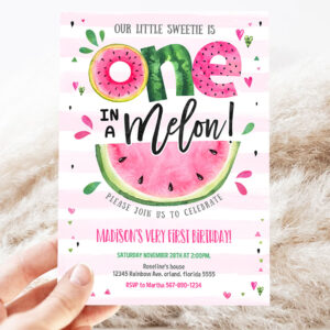 2 Editable Watermelon Invitation Birthday Invitations Pink Watermelon Party One in a Melon 1st Birthday Party Invite 1