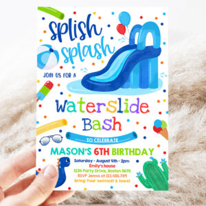 2 Editable Waterslide Birthday Party Invitation Water Slide Bash Summer Pool Party Boy Blue Pool Party BBQ Pool Party 1