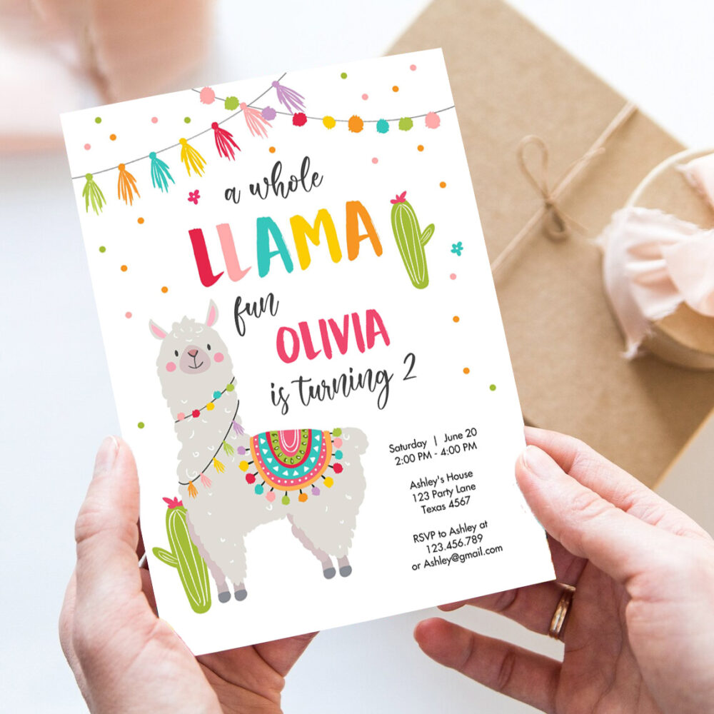 2 Editable Whole Llama Fun Birthday Party Invitation Fiesta Mexican Cactus Alpaca Girl Pink Party Instant Download Printable Corjl Template 0079 1
