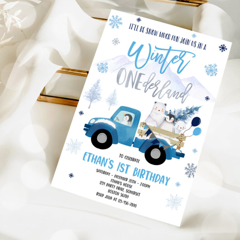 2 Editable Winter ONEderland Invitation Winter Blue Truck 1st Birthday Penguin Polar Bear Winter ONEderland Party 1