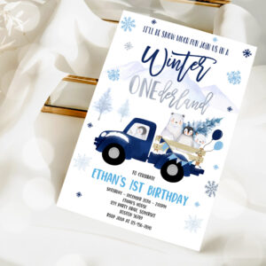2 Editable Winter ONEderland Invitation Winter Navy Blue Truck 1st Birthday Penguin Polar Bear Winter ONEderland Party 1