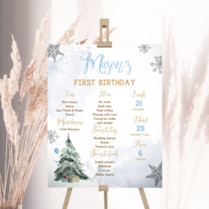 2 Editable Winter Tree Birthday Milestones Sign Winter Onederland Watercolor First Birthday Girl Pink Snowflakes Corjl Template Printable 0363 1