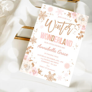 2 Editable Winter Wonderland Birthday Invitation Pink Rose Gold Winter Wonderland Party Floral Winter Wonderland Party 1
