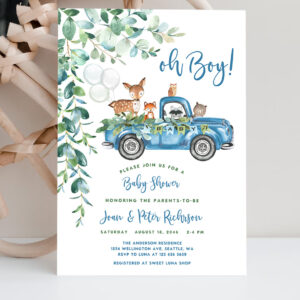 2 Editable Woodland Blue Truck Baby Shower Invitation Boy Blue Pickup Truck Greenery Woodland Animal Bear Invite 1