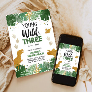 2 Editable Young Wild and Three Birthday Invitation Dinosaur Dino Party Boy 3rd Third Birthday Green Gold Black Corjl Template Printable 0146 1
