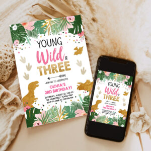 2 Editable Young Wild and Three Dinosaur Birthday Invitation Dinosaur Party Girl Pink Gold Third Birthday 3rd Corjl Template Digital 0146 1
