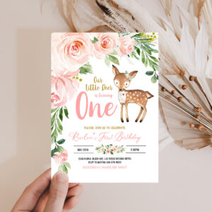 2 Our Little deer First Birthday Invitation Woodland Deer Birthday Invitations Floral Woodland Invite Editable Template 1