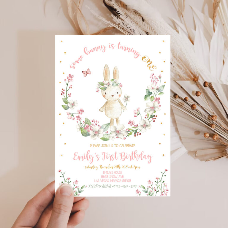 2 Some Bunny Birthday Invitation Party Invites Girl First 1st Little Rabbit Rainbow Pink Gold Floral Spring EDITABLE Digital Template 1