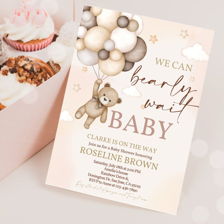 2 Teddy Bear Baby Shower Invitation We Can Bearly Wait Brown Ivory Beige Balloons Boho Baby Shower Invites Boy Girl EDITABLE Template 1