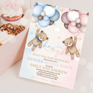 2 Teddy Bear Gender Reveal Invitation Gender Neutral Invites Boho Beige Pampas Grass Hot Air Balloons We Can Bearly Wait 1