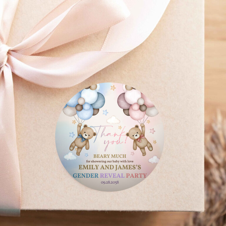 2 Teddy Bear Gender Reveal Party Gift Tags Boho Baby Shower Thank You Stickers Boy or Girl He or She Balloons Printable Favor Template BS21M 1