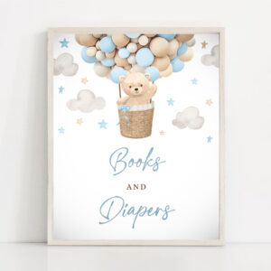2 Teddy Bear Hot Air Balloon Shower Books and Diapers Sign Boy Blue Teddy Bear Baby Shower We Can Bearly Wait Shower Instant Download 4H 1