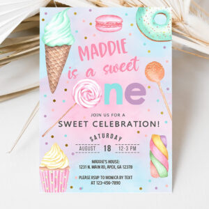 3 Candy shes a sweet one 1st birthday invitation girl birthday invite candy sweets donut ice cream invite