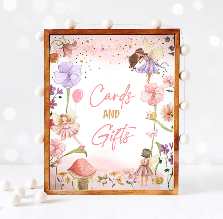 3 Cards and Gifts Sign Fairy Birthday Sign Gifts Table Decor Magical Fairy Garden Tea Party Decor Girl Table Sign Decorations PRINTABLE 0406 1