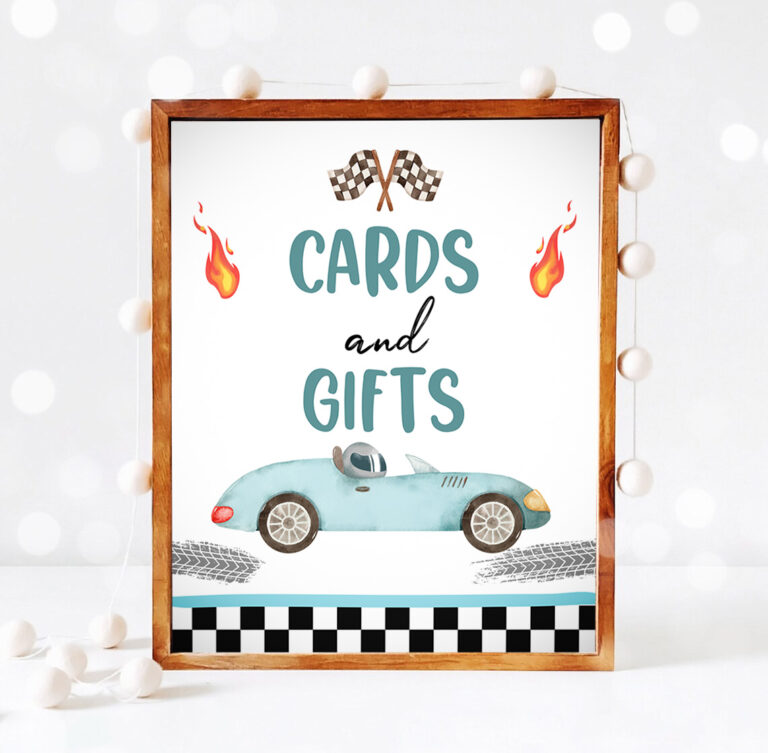 3 Cards and Gifts Sign Race Car Birthday Party Sign Two Fast Birthday 2 Curious Race Car Decor Racing Blue Boy Instant Download PRINTABLE 0424 1