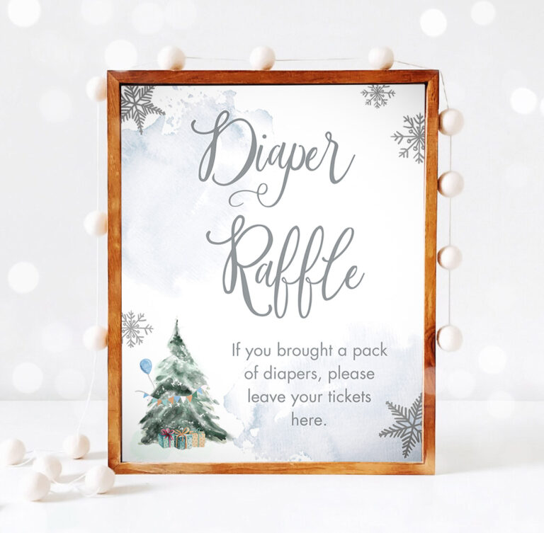 3 Diaper Raffle Winter Sign Winter Tree Watercolor Snowflake Baby Shower Sign Decor Diaper Table Girl Cold Outside Shower Download PRINTABLE 0363 1