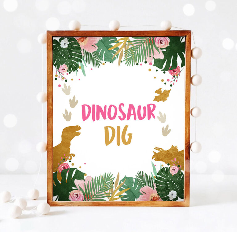 3 Dino Dig Sign Table Decor Dinosaur Dig Sign Prehistoric Party Girl Pink Gold Favor Table Jungle Dino Party Sign T Rex PRINTABLE 0146 1