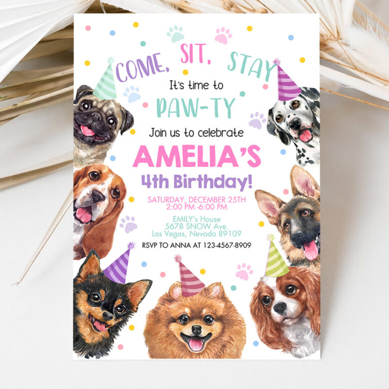 3 Dog Invitation Birthday Party Invites Puppy Pawty Boy Girl First Come Sit Stay Pet Theme EDITABLE Digital Template