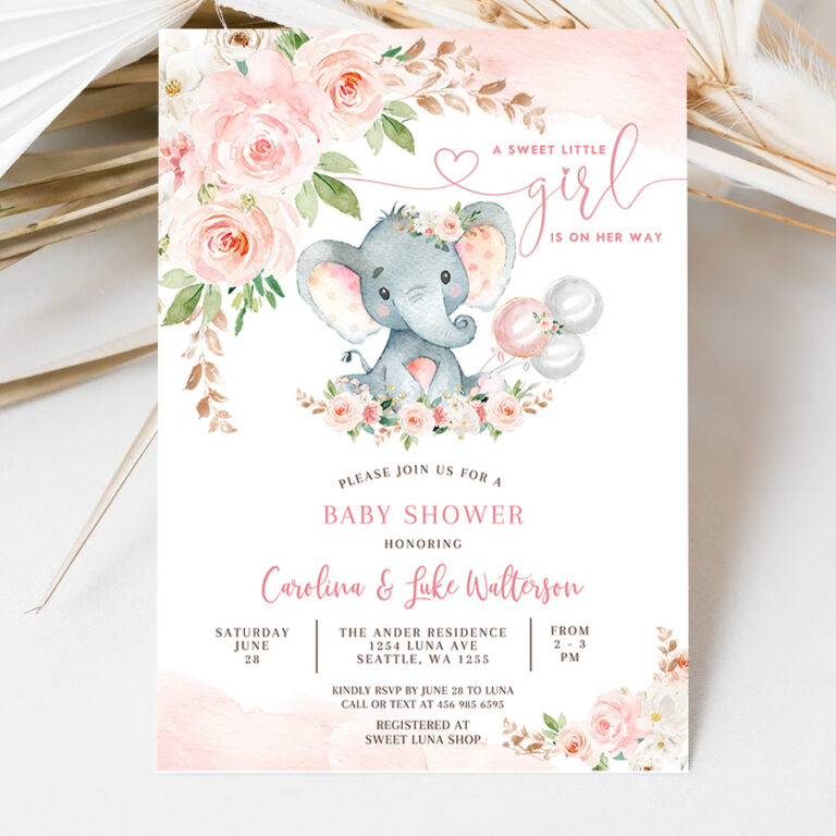 3 EDITABLE Blush Pink Rose Gold Elephant Baby Shower Invitation Girl Baby Elephant Invite Printable Template