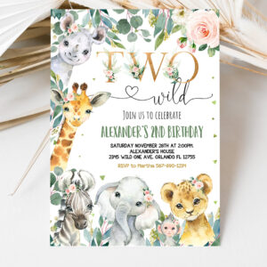 3 EDITABLE Safari Birthday Invitation Girl Two Wild Birthday Invite 2nd Gold Jungle Animals invitations Printable Template